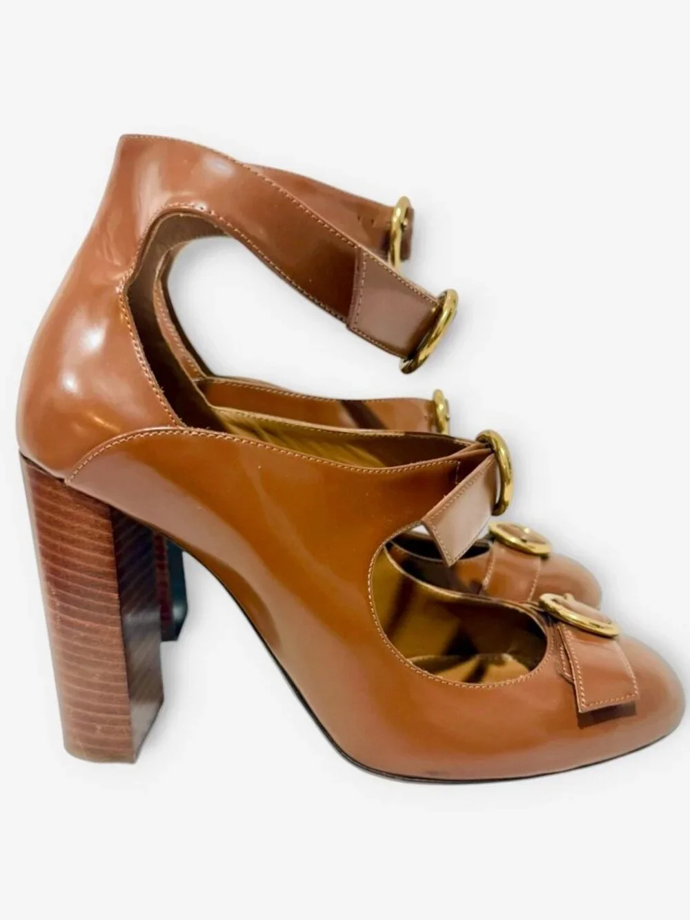 Chloe Leather Triple Strap Buckle Block Heel Pump Shoe Size 37.5